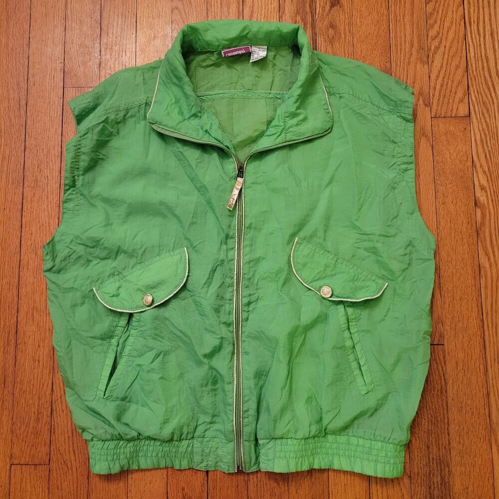 Vintage Carolina Bay L Green Nylon Sleeveless Zip Up Vest Pockets Elastic Hem At